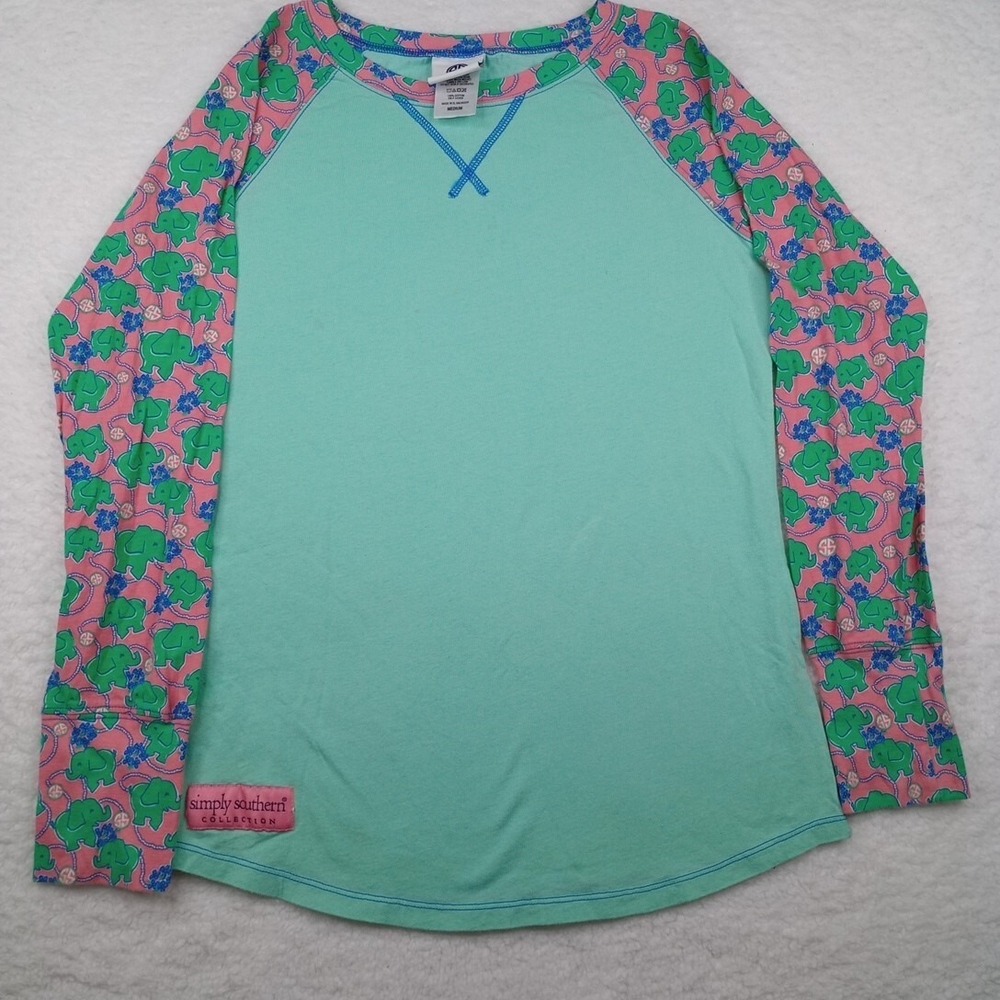Simply Southern Elephant Raglan Top Womens Medium Long Sleeve Shirt Teal&Pink
